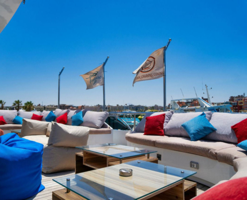 Sun deck on luxury safari boat in the Red Sea